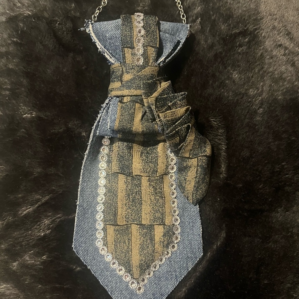 SOLD Stylish Denim and Gold Striped Tie Necklace